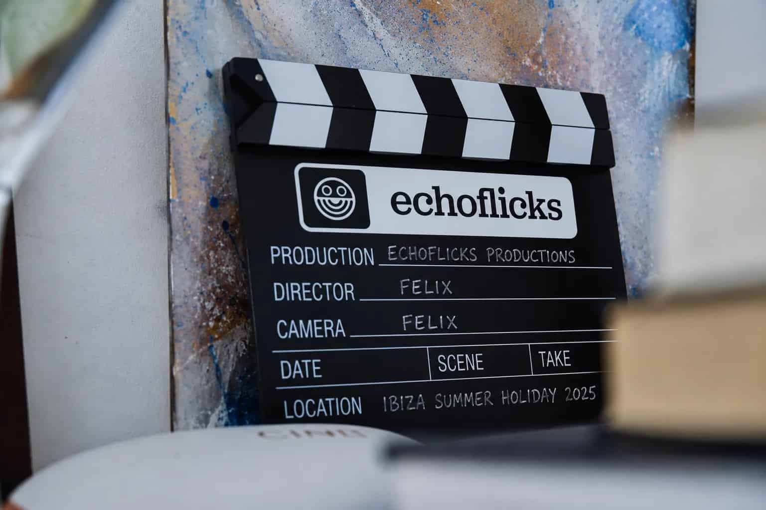 EchoFlicks branded film clapperboard directed by Felix