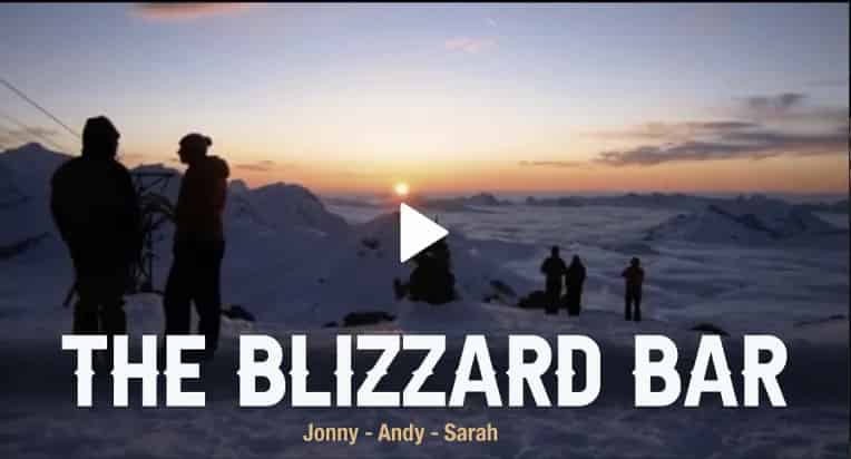 The Blizzard Bar — EchoFlicks ski trip movie poster with sunset over snowy mountains