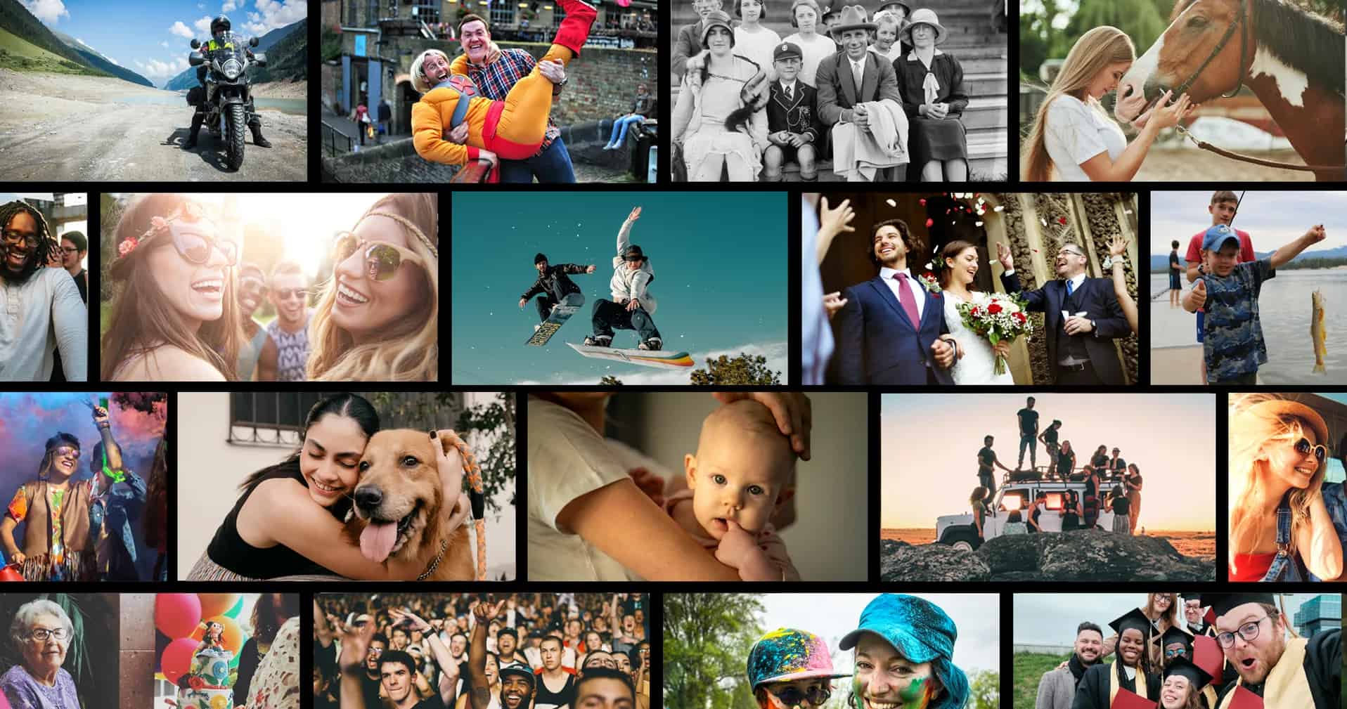 A mosaic of real EchoFlicks customer photos — motorbike adventures, weddings, festivals, family and pet moments — the everyday memories turned into movies