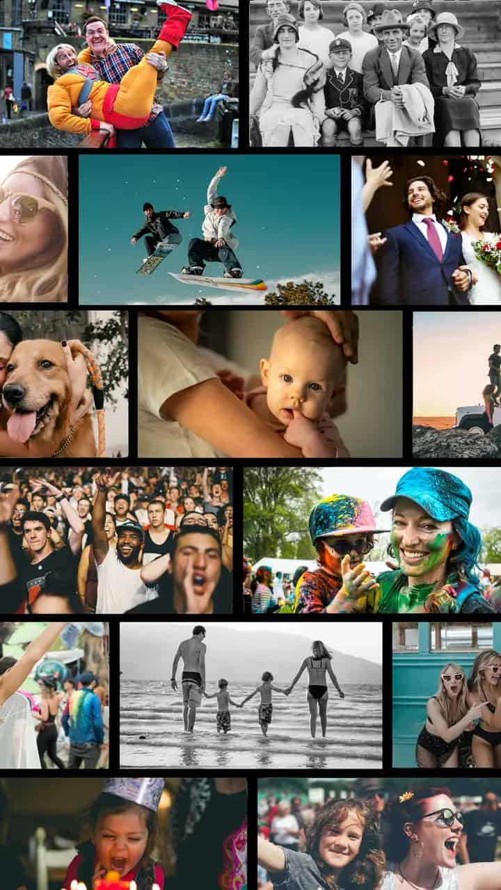 A mosaic of real EchoFlicks customer photos — motorbike adventures, weddings, festivals, family and pet moments — the everyday memories turned into movies